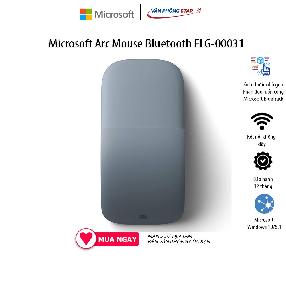 Chuột không dây Microsoft Arc Mouse Bluetooth ELG-00031 kết nối bluetooth 5.0 Công nghệ Microsoft BlueTrack™ chính hãng