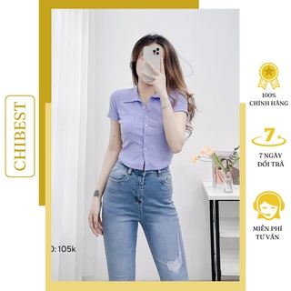 Áo croptop cổ sơmi tay ngắn thun gân nhiều màu 2 túi trước siêu xinh CHIBEST LAB510