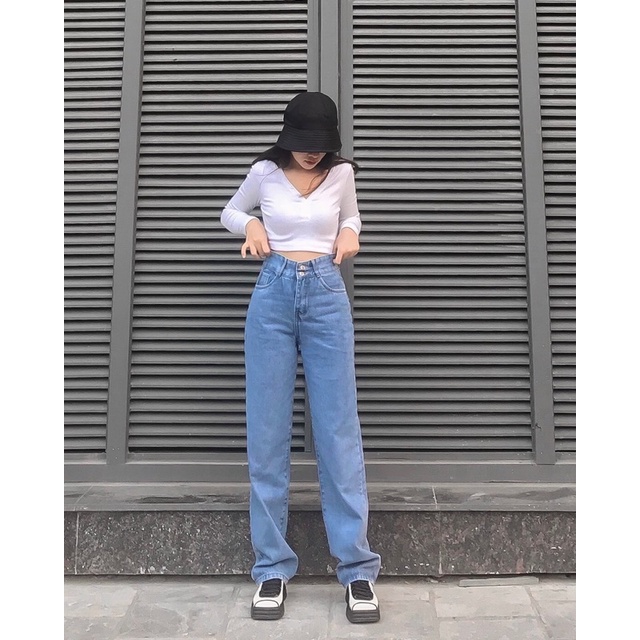 Quần Ella Jeans Suông Cạp Cao 2 Nút