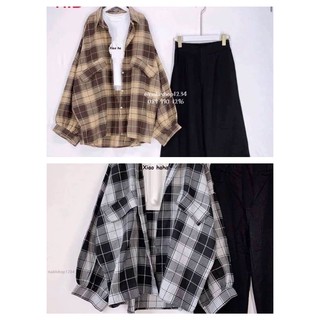 set 3 món áo sơ mi kẻ tay to rộng + quần đen ống suông rộng kèm áo croptop xoài