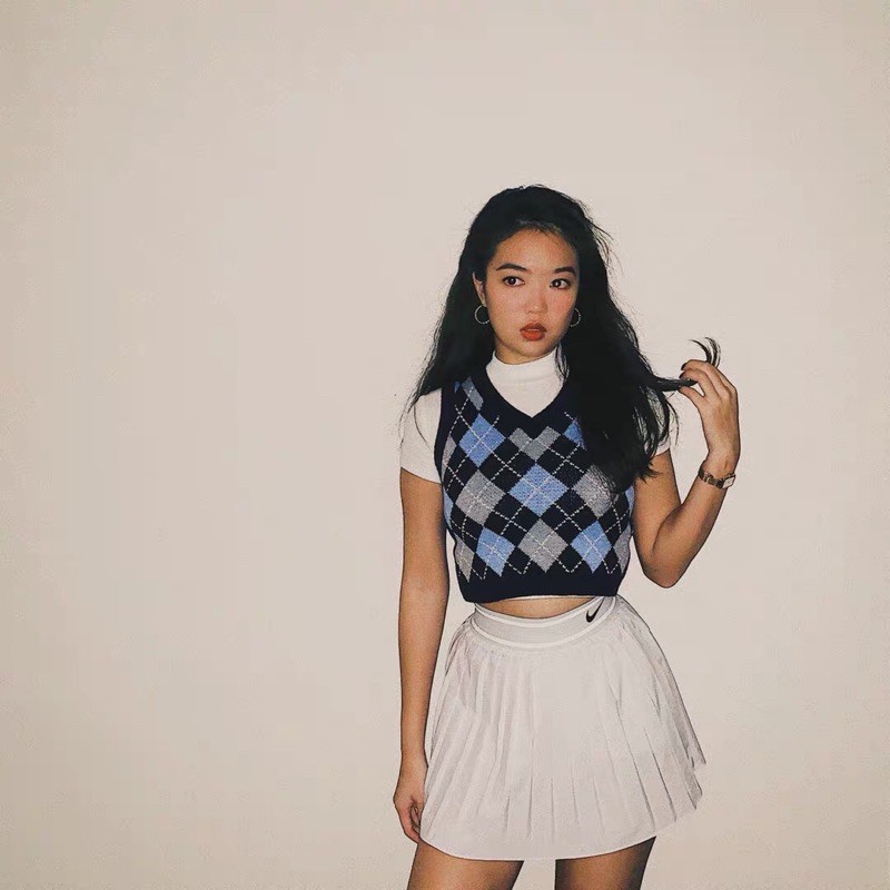 Áo Gile Len croptop hình thoi vintage cá tính | BigBuy360 - bigbuy360.vn