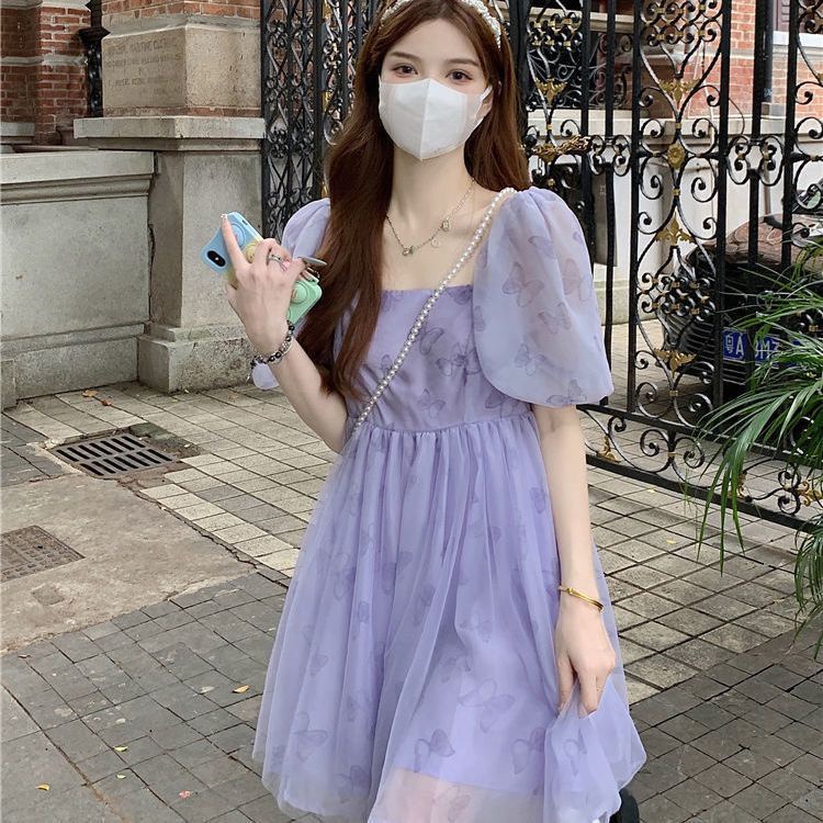 Váy babydoll Đầm Tay Phồng Cổ Vuông Eo Cao Thời Trang Mùa Hè Phong Cách Mới Ngọt Ngào Cho Nữ