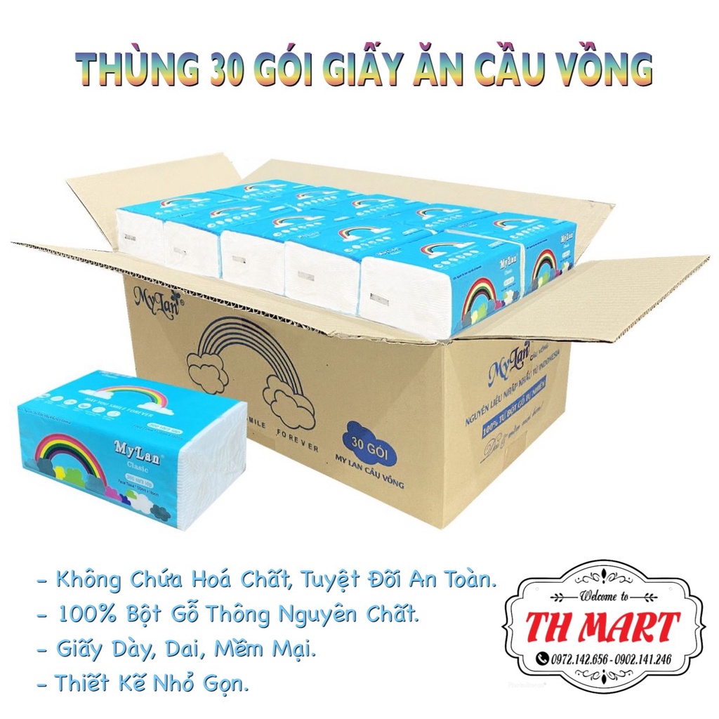Giấy ăn cầu vồng myLan chiết xuất 100% bột gỗ thông nguyên chất siêu dai, mềm mịn thùng 30 gói