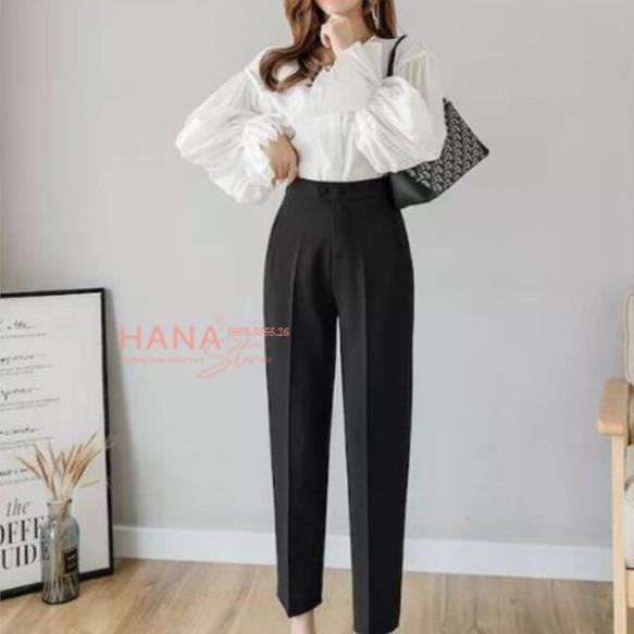 Quần baggy tây âu nữ công sở bigsize phối 2 cúc vải cạp cao màu đen xanh - Vải tuyết mưa dày mịn - Quần đi làm học sinh