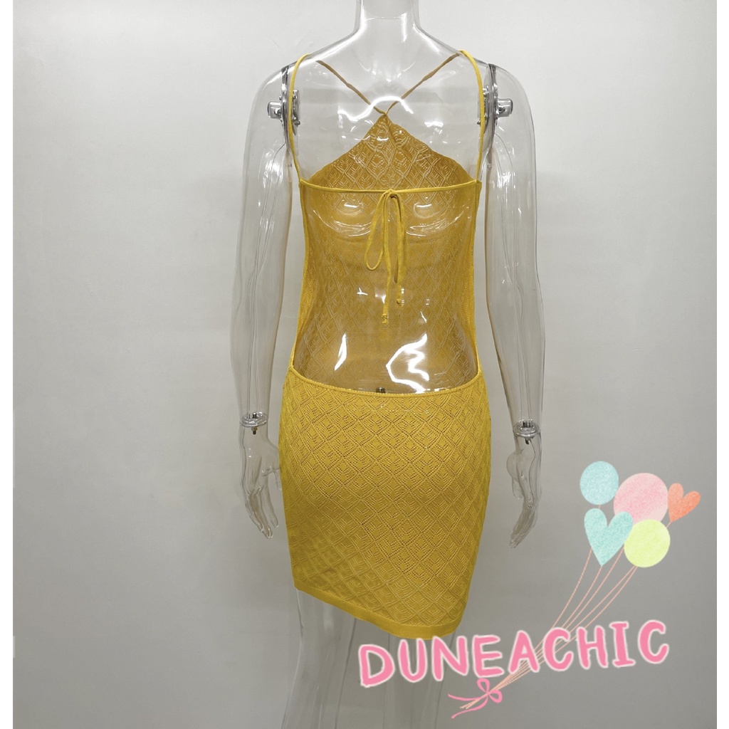 DUNEA Đầm Hai Dây Hở Lưng Kẻ Sọc Caro Xinh Xắn Cho Nữ