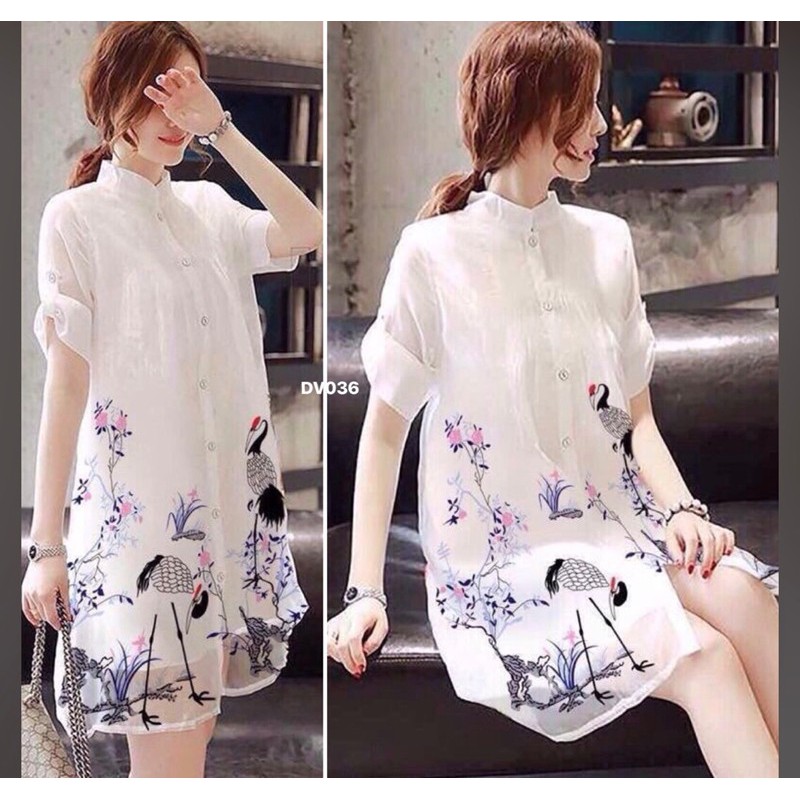 💥💥💥Đầm Sơ Mi 2 Lớp In Họa Tiết Chim Cò | BigBuy360 - bigbuy360.vn