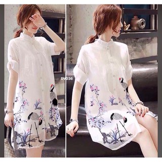 Đầm sơ mi 2 lớp in họa tiết chim cò