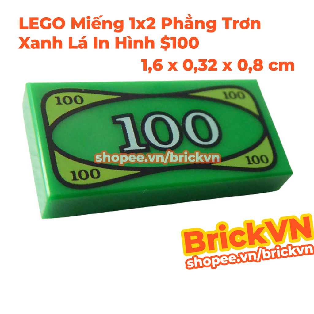 LEGO Miếng 1x2 Phẳng Trơn Xanh Lá In Hình $100 ID 4295260 82317