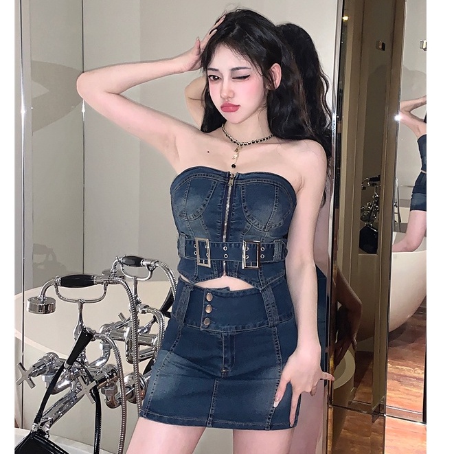 Bộ Áo Denim Không Tay + Chân Váy Denim Eo Cao Phong Cách Retro Trung Hoa Độc Đáo Thời Trang Mùa Hè Cho Nữ