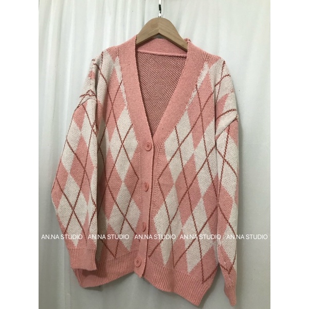 Áo khoác len Cardigan hoạ tiết kim cương dáng suông form rộng