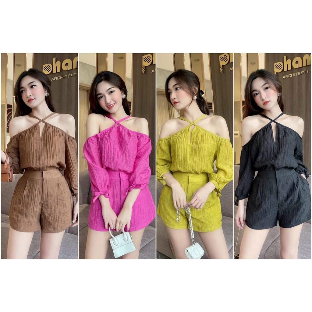 Sét bộ nữ áo cổ yếm trễ vai xinh xắn kèm quần đùi năng động
