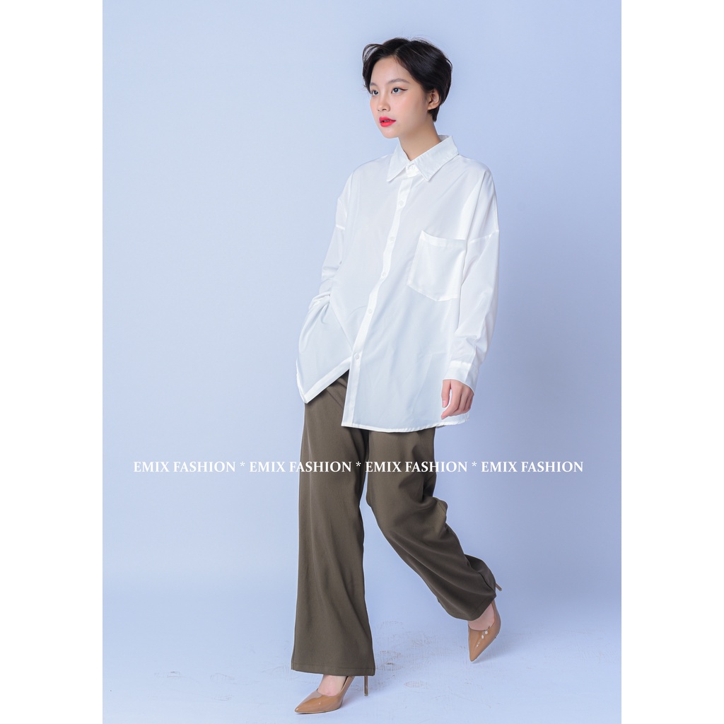Áo sơ mi nữ EMIX (màu trắng), basic, dáng dài, form rộng, dài tay, cổ V, chất trượt mềm không nhăn A235