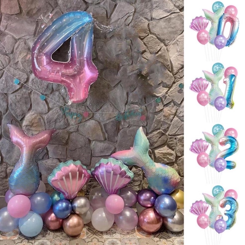 Set Combo 7 Món chữ số nàng tiên cá dùng trang trí tiệc sinh nhật cho bé