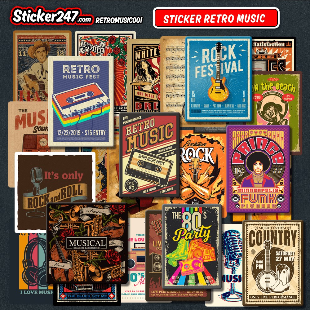 Sticker Vintage Retro Music🌈𝑭𝒓𝒆𝒆𝒔𝒉𝒊𝒑 Vinyl Sticker Cao Cấp Chống Nước Cắt Sẵn - Hình Dán Mũ Bảo Hiểm, Xe Máy, Laptop R15