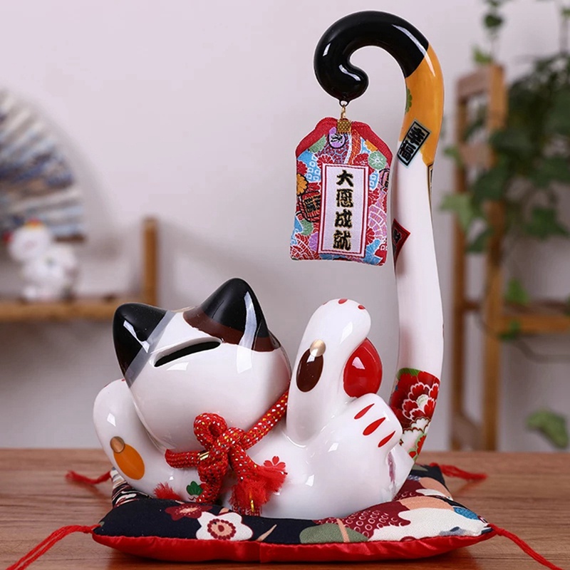 Hộp Đựng Tiền Xu Hình Mèo May Mắn Đuôi Dài 8.6 Inch Bằng Sứ Kiểu Nhật Bản Dùng Trang Trí Nhà Cửa