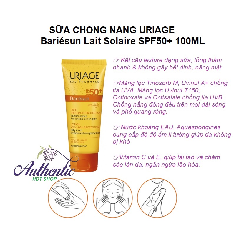 (CÓ SẴN) Kem chống nắng Uriage Bariésun Lait Solaire SPF50+ 100ml (Bill Pháp Nội Địa)