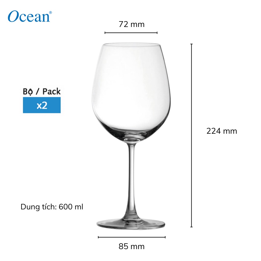 Bộ 2 Ly Thuỷ Tinh Vang Đỏ Ocean Madison Bordeaux 600ml - Chính Hãng