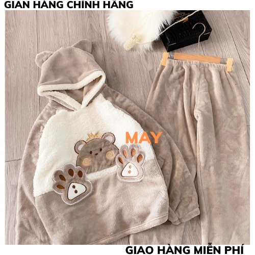Bộ ngủ lông nữ 2 mặt mềm mại thêu gấu be sữa, sét đồ bộ thu đông mặc nhà chất lông cừu