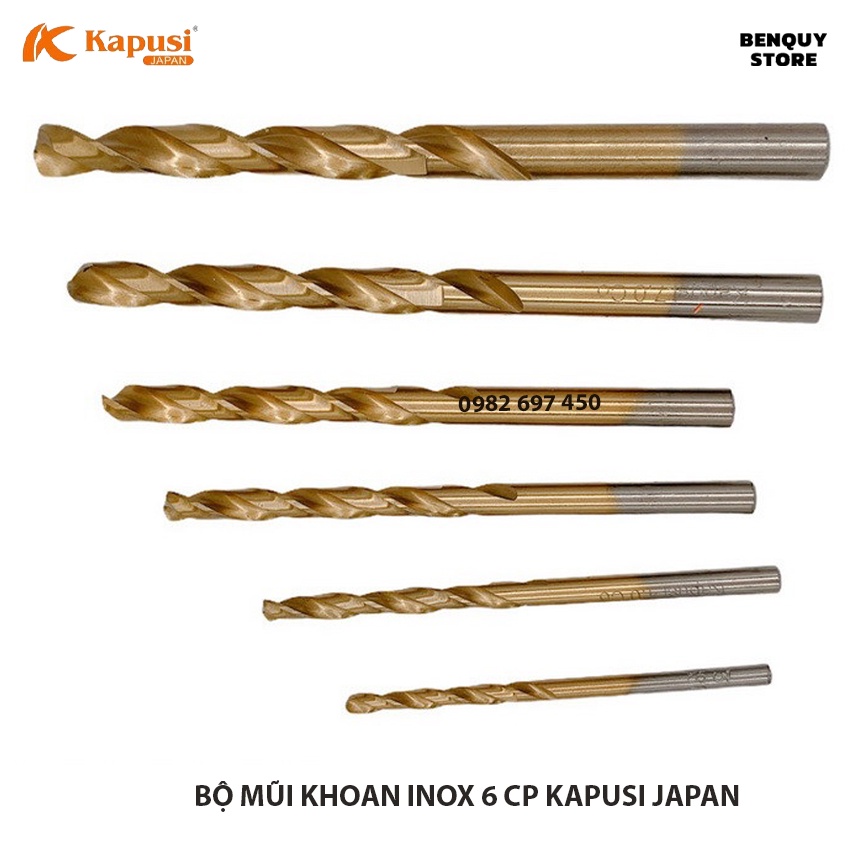 BỘ 6 MŨI KHOAN INOX KAPUSI JAPAN KÍCH THƯỚC TỪ 3 - 8MM, CHUYÊN KHOAN KIM LOẠI - SẮT - THÉP, HÀNG CAO CẤP TIÊU CHUẨN NHẬT