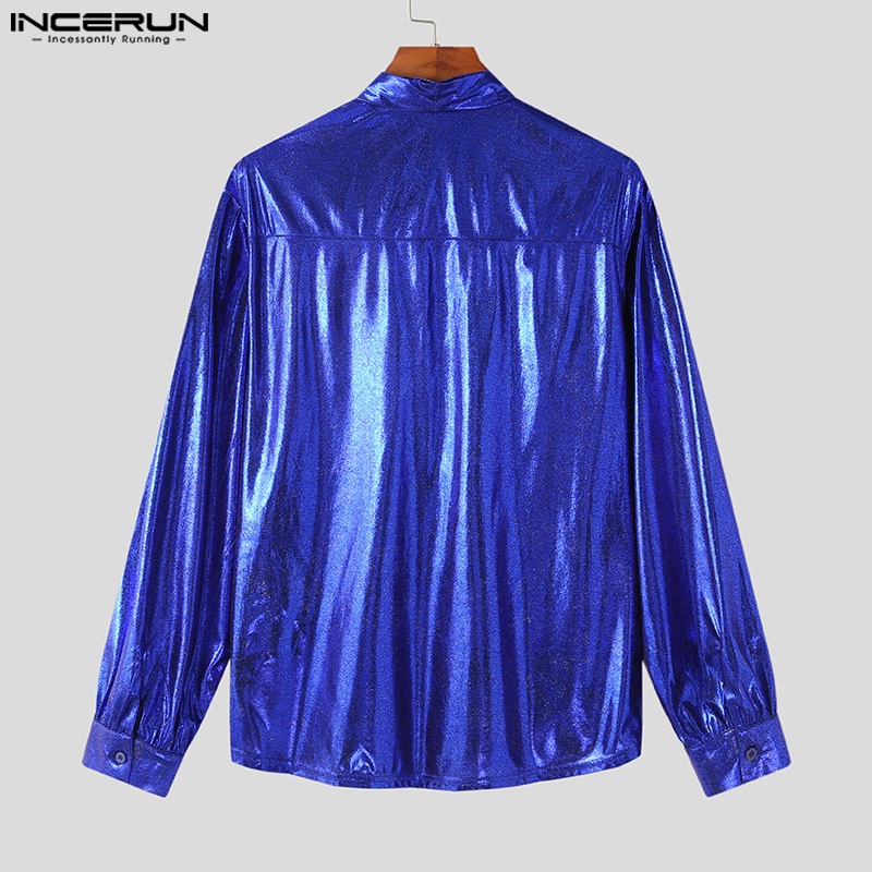 INCERUN Áo Sơ Mi Dài Tay Thắt Dây Họa Tiết Bướm Ánh Kim Sáng Bóng Cho Nam