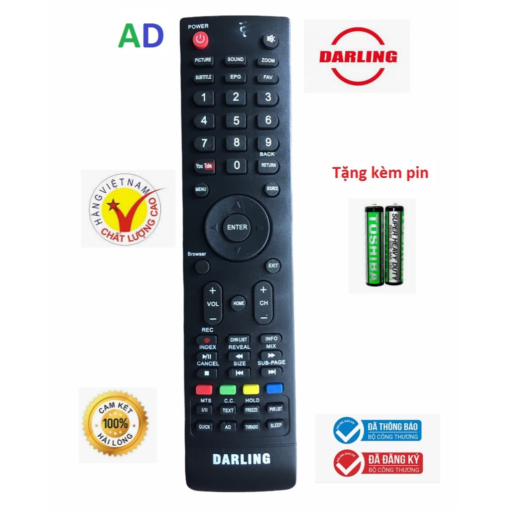 Điều khiển tivi DARLING có nút Youtube mé bên trái - Tặng Kèm Pin - Remote DARLING