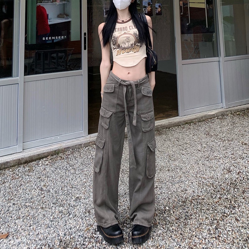 ❏Quần Yếm Jean Ống Rộng Phối Túi Phong Cách Đường Phố Mỹ Cá Tính