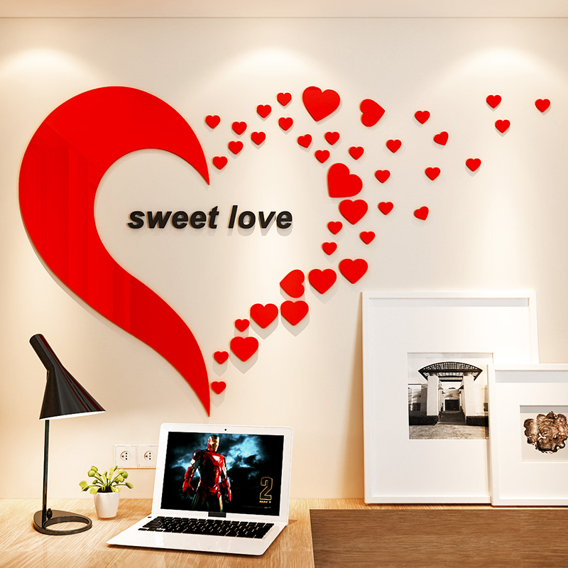 Tranh dán tường mica 3d decor khổ lớn trái tim sweet love lãng mạng trang trí, phòng ngủ, phòng cưới Nhiều Size - EPeBen