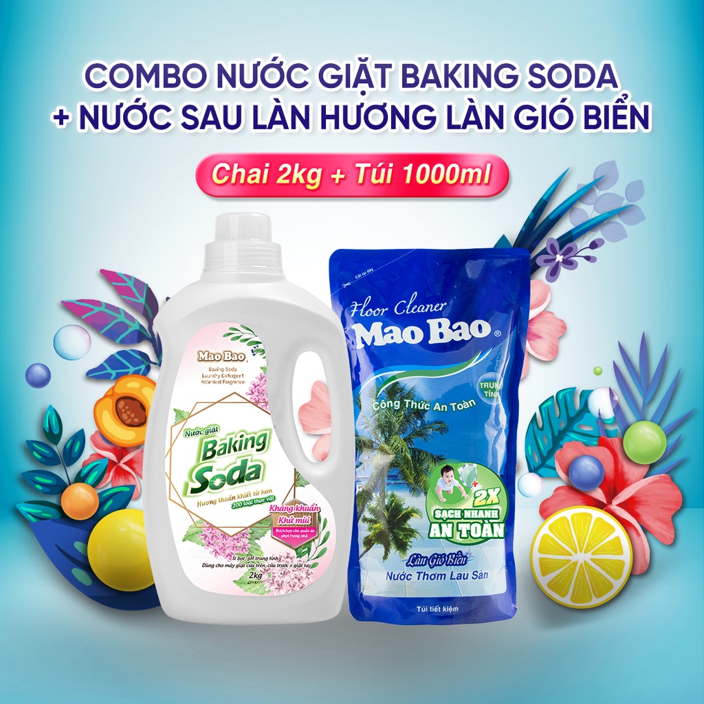 Combo Nước giặt Baking Soda Mao Bao 2000g + Túi Nước Lau Sàn Ocean Mao Bao hương làn gió biển 1000ml