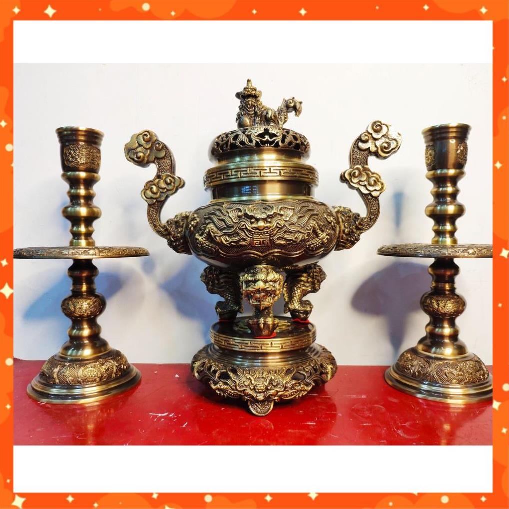 Bộ Đồ Thờ Ngũ Sự Đỉnh Song Long Chầu Nguyệt 40cm bằng đồng hun giả cổ nguyên chất, lư đồng cao cấp