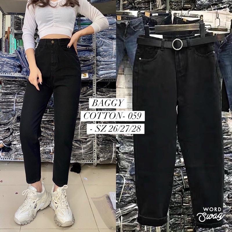 Quần Baggy Jeans Nữ Trơn Và Rách Gấu, 2 Màu Xanh Và Đen 434 - 435