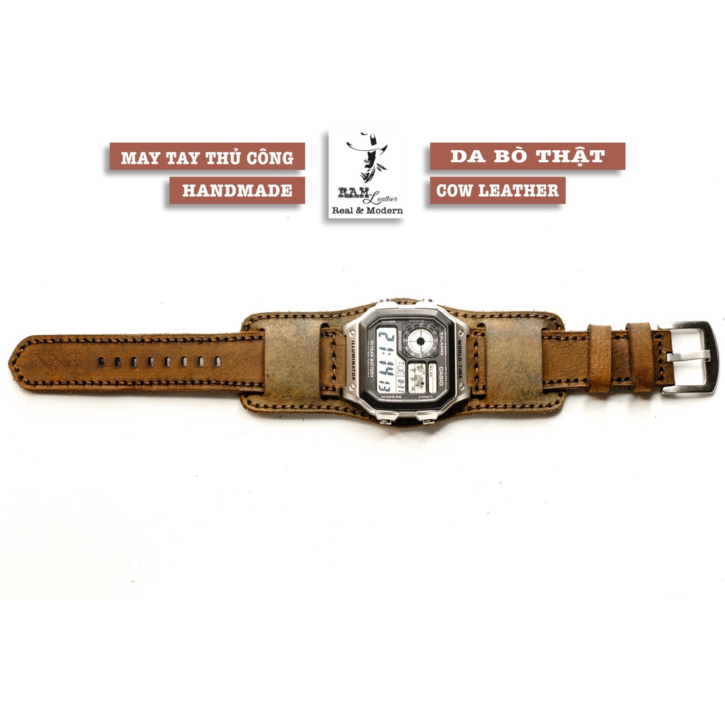 Dây Casio AE 1200 da bò sáp RAM Leather B2 Trống Đồng Việt Nam - tặng khóa chốt và cây thay dây