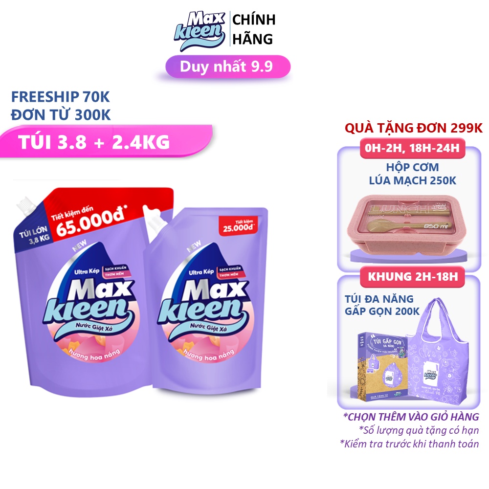 Combo 2 Túi Nước Giặt Xả MaxKleen Hương Hoa Nắng 3.8kg + 2.4kg