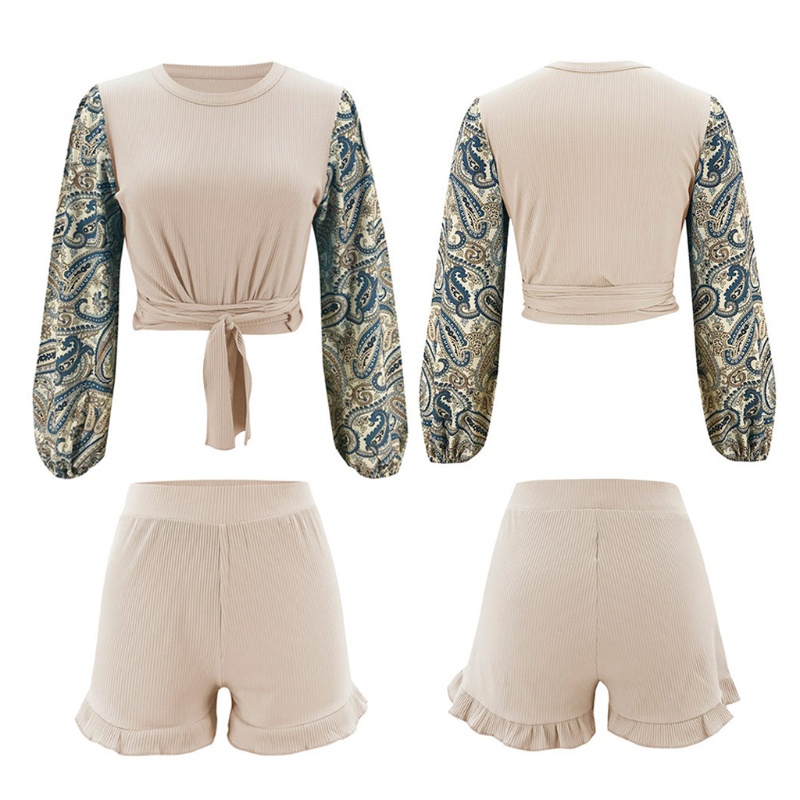 Xiangbao Set Đồ 2 Món Áo Crop Top Tay Dài Phồng In Họa Tiết Paisley Có Gân Và Cà Vạt Phía Trước Cho Nữ