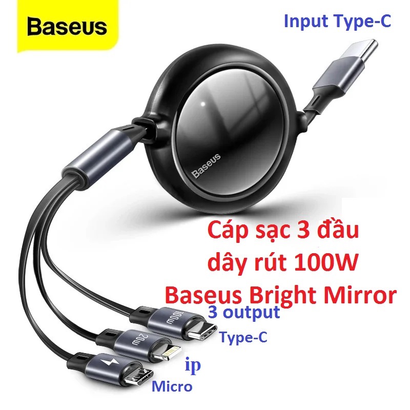 Cáp 3 đầu dây rút 100W Baseus Bright Mirror One For Three