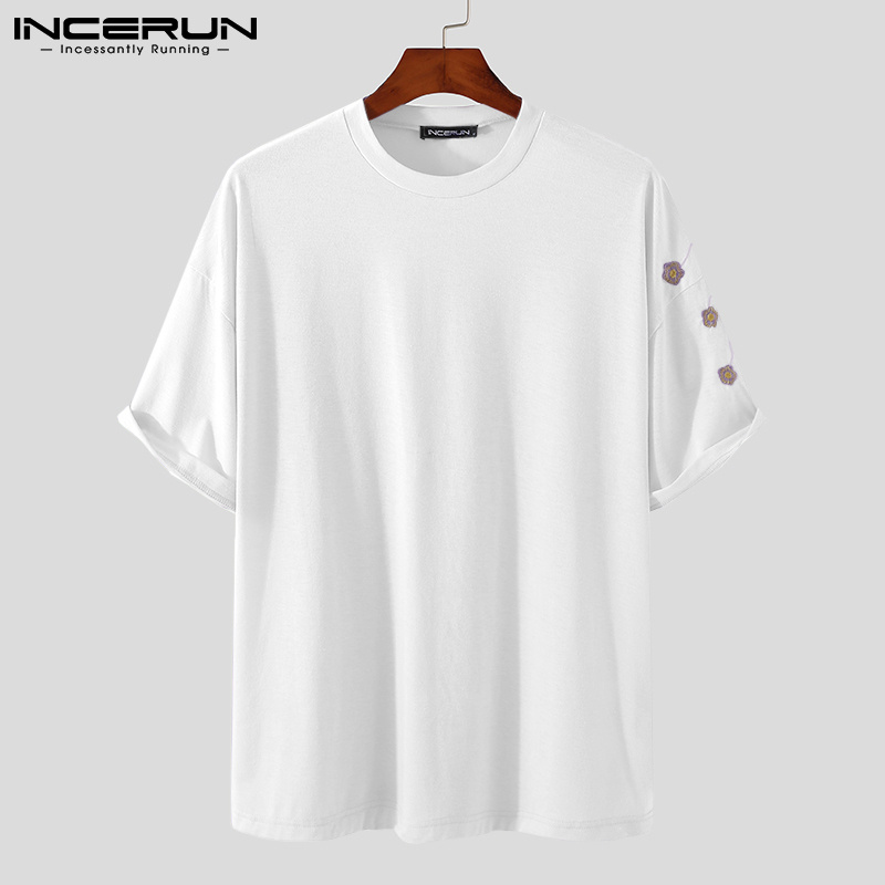 Áo Thun T-shirt INCERUN Dành Cho Nam Thiết Kế Tay Ngắn Thêu Hình Đơn Giản Trơn Màu