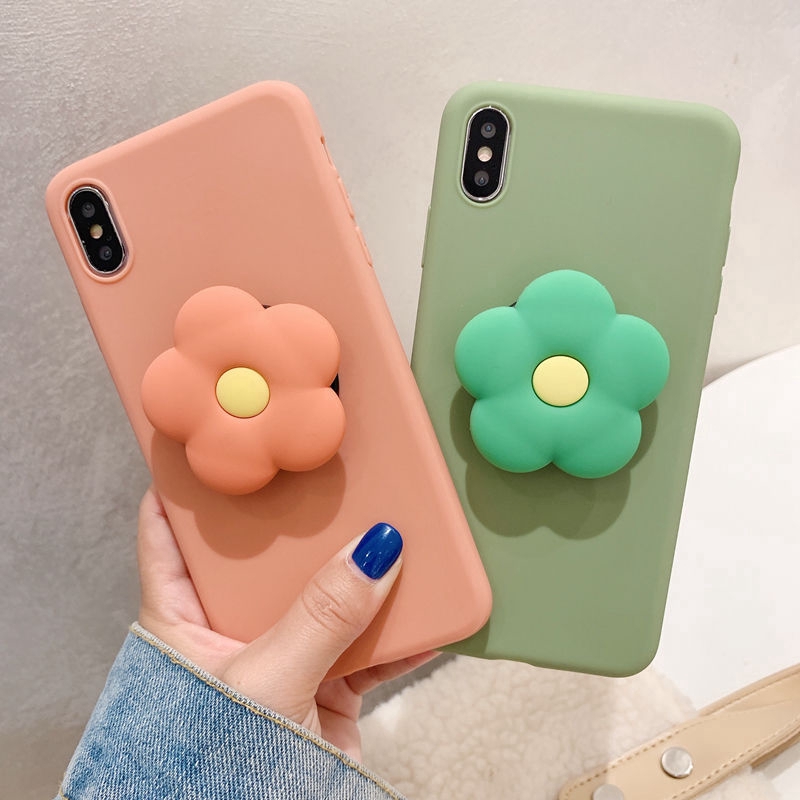 Ốp điện thoại TPU mềm màu trơn kèm giá đỡ hoạt hình cho iPhone SE2 11 Pro Max X XR XS MAX 7 8 6 6s PLUS