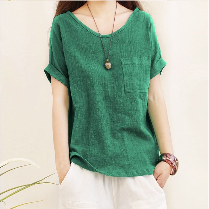 Áo Sơ Mi Nữ Vải Lanh Cotton Dáng Rộng Tay Ngắn Cổ Tròn Màu Trơn Cỡ Lớn 5XL Thời Trang Mùa Hè