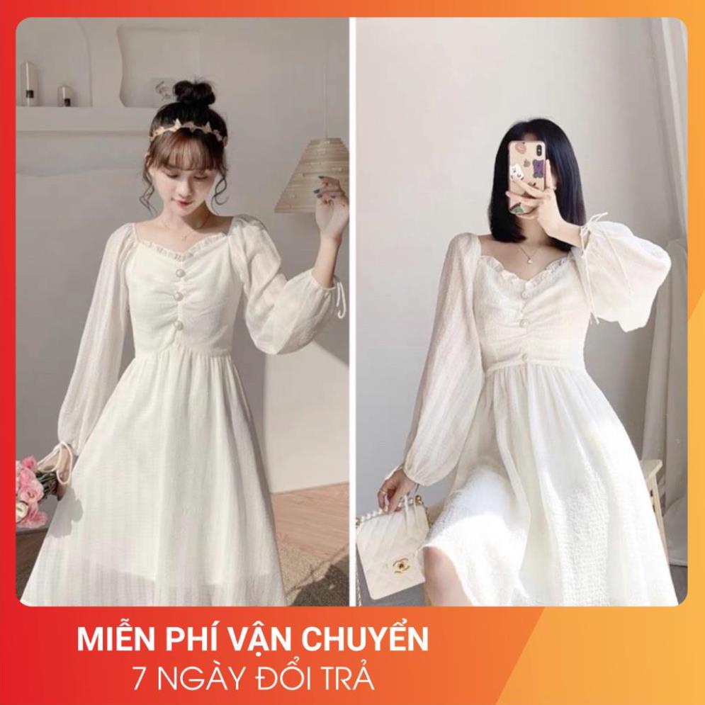 Đầm Trắng Cúc Ngực Cổ V 24AP Nữ [FREESHIP] Váy dúm bánh bèo dài tay bồng tiểu thư form rộng đẹp Ulzzang