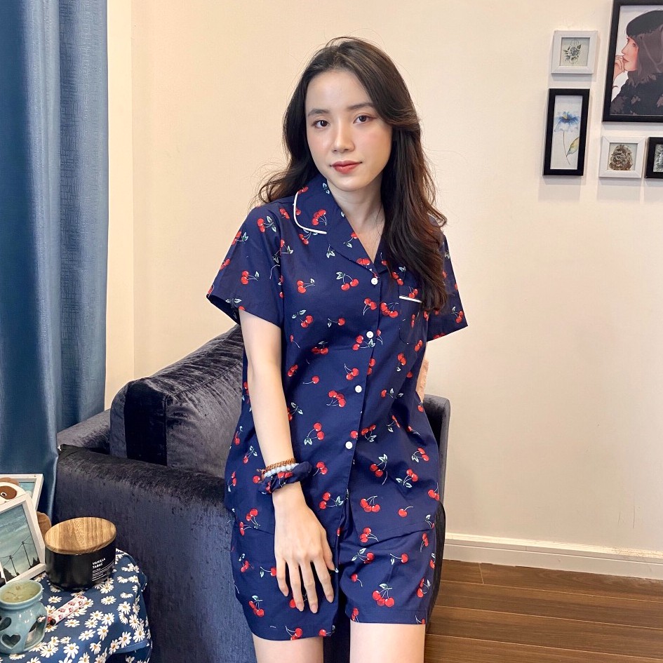 Đồ ngủ Pyjama họa tiết Cherry chất thô mềm mát bộ mặc nhà bộ pyjama bộ pizama