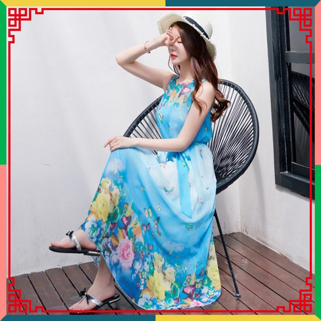 Đầm maxi voan hoa bướm kèm dây thắt lưng DX01 - Đầm maxi đi biển, đi dạo phố vayxinhdichoi