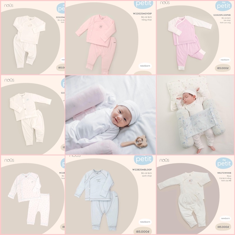Bộ quần áo cho bé sơ sinh hãng Nous dài tay NB cài chéo, cài thẳng, Body Phụ kiện bao chân bao tay mũ cho bé NB