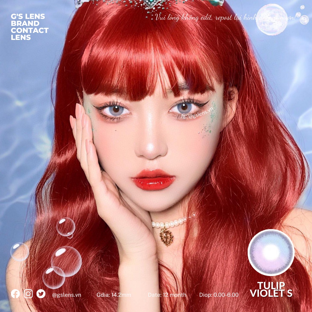 Lens Mắt Kính Áp Tròng Xanh Tím Lạ Mắt Tulip Violet Blue Giãn Ít Có Từ 0 Đến 6 Độ Lệch Độ Size S 14.2mm