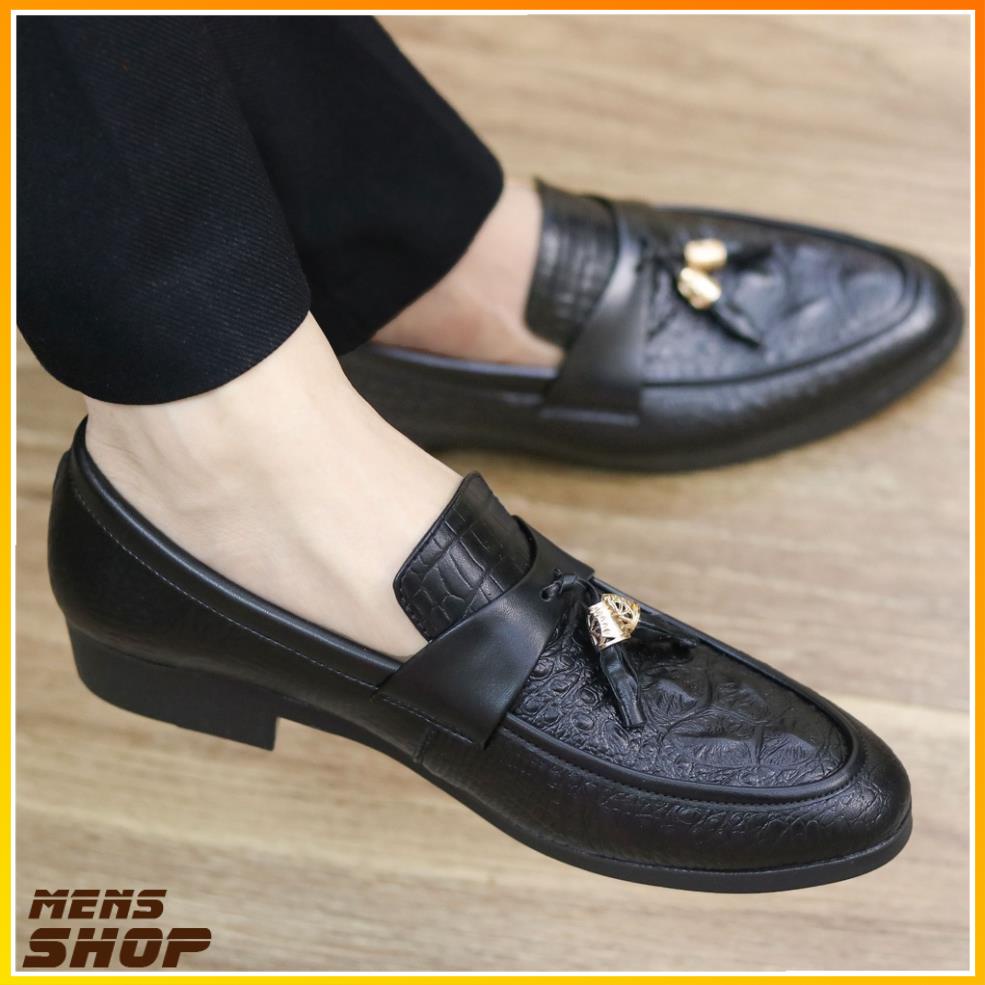 Giày Lười Nam Da Lì Dập Vân Cá Sấu Chuông Vàng