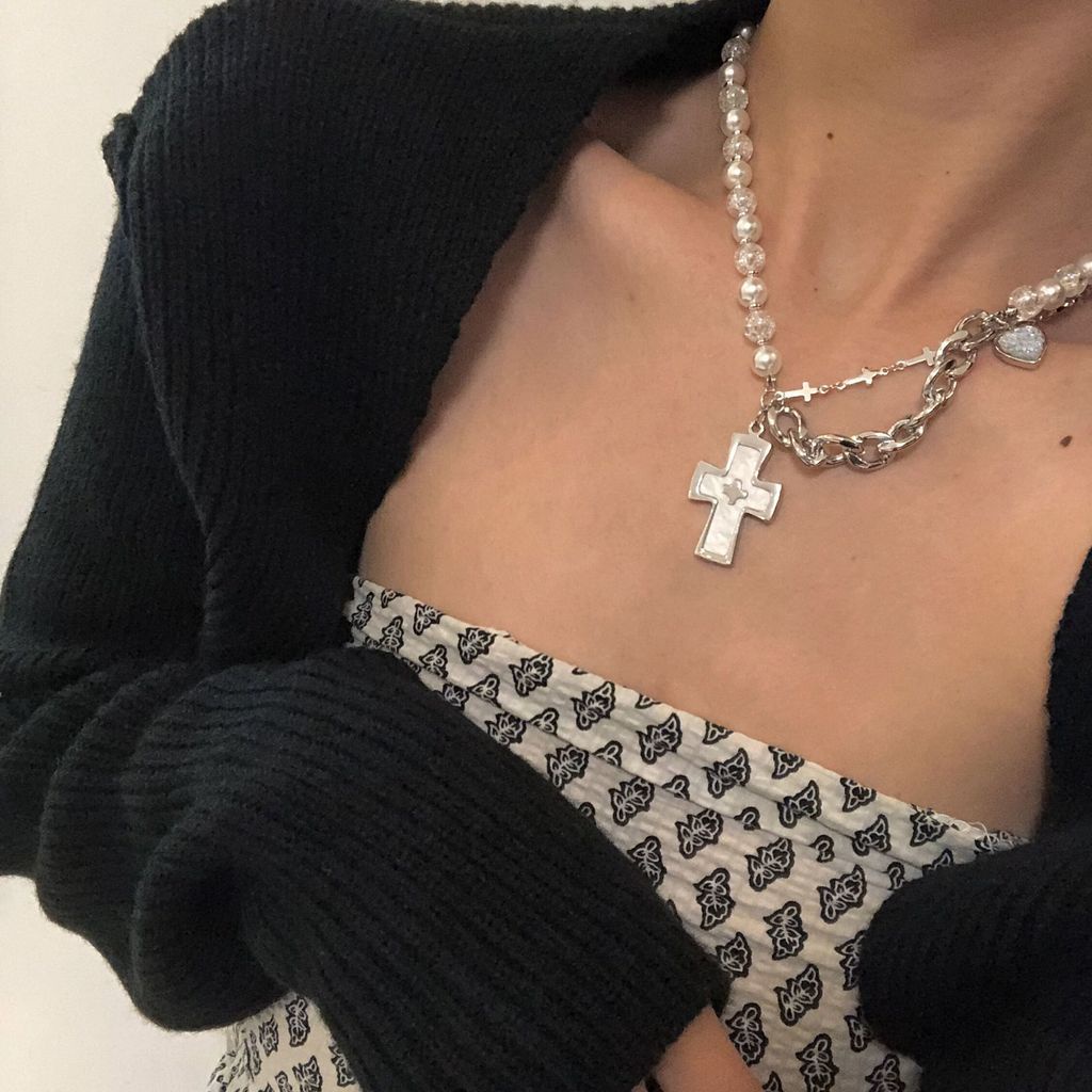 Dây chuyền xích ngọc trai mặt thánh giá phong cách hip hop 19a1421