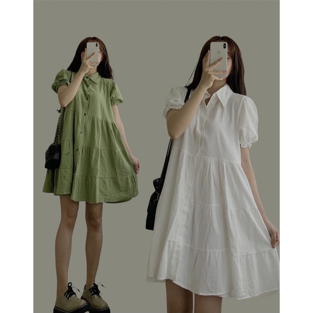 Đầm sơ mi nữ form rộng, Váy babydoll tay ngắn chất đũi màu Xanh bơ/Trắng kiểu dáng tiểu thư Hàn Quốc