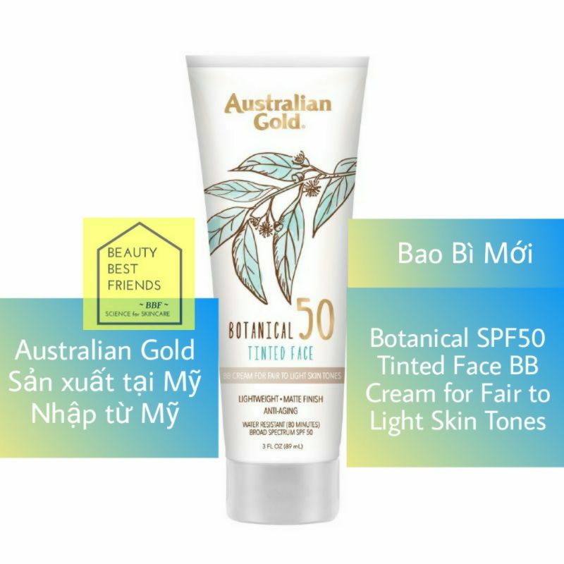 Kem chống nắng vật lý Australian Gold Botanical SPF50 Sunscreen Tinted Face BB Cream  89 ml