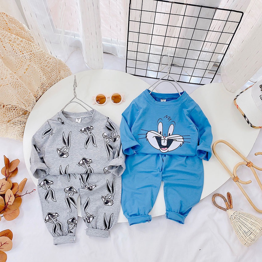 Bộ Quần Áo Dài Tay Thu Đông In Hình THỎ GHI Cho Bé Từ 6-18kg Mã DT33