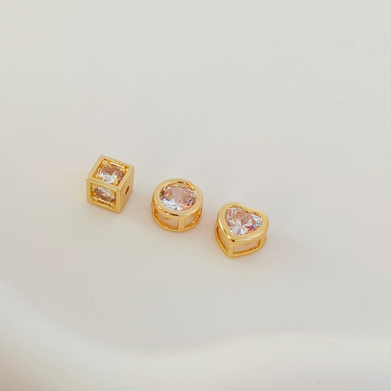 Hạt Xỏ Bằng Đồng 14K Hình Trái Tim Tròn/Vuông Đính Đá Zircon Màu Vàng Kim Làm Trang Sức Thủ Công