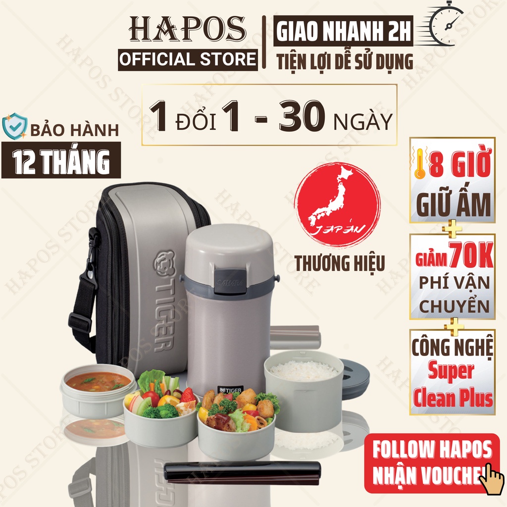Hộp cơm giữ nhiệt Tiger, cà mèn đựng cơm văn phòng chia 3 ngăn chất liệu inox 304 - Thương hiệu Nhật - HAPOS