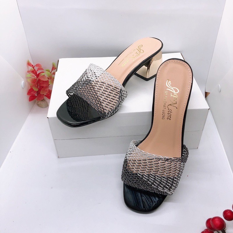 Guốc cao gót 5p màu đồng quai lưới đan